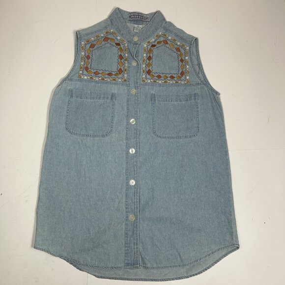 Vtg Country Legends Sleeveless Women Denim Shirt Beaded Embroidered Western Sz S - Picture 3 of 9